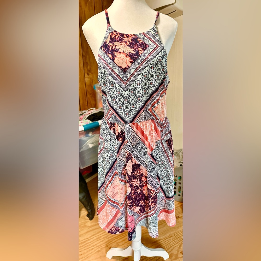 Maurices Retro Bandana Patterned Dress w/ Red, Peach & Pink Flower Motif, Sz L